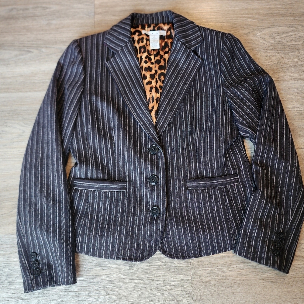 CAbi Womens 8 Black and Gray Pinstriped Leopard Print-lined Blazer